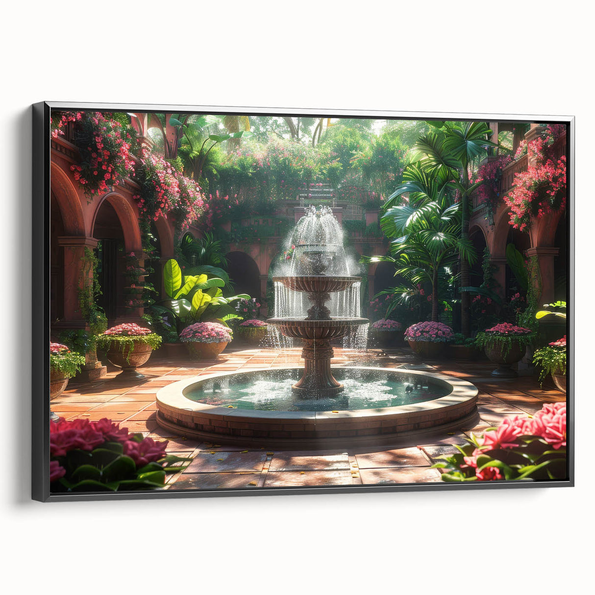 Black and white framed canvas of a vintage-style architectural fountain, ideal for bedroom wall decor.