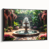 Black and white framed canvas of a vintage-style architectural fountain, ideal for bedroom wall decor.