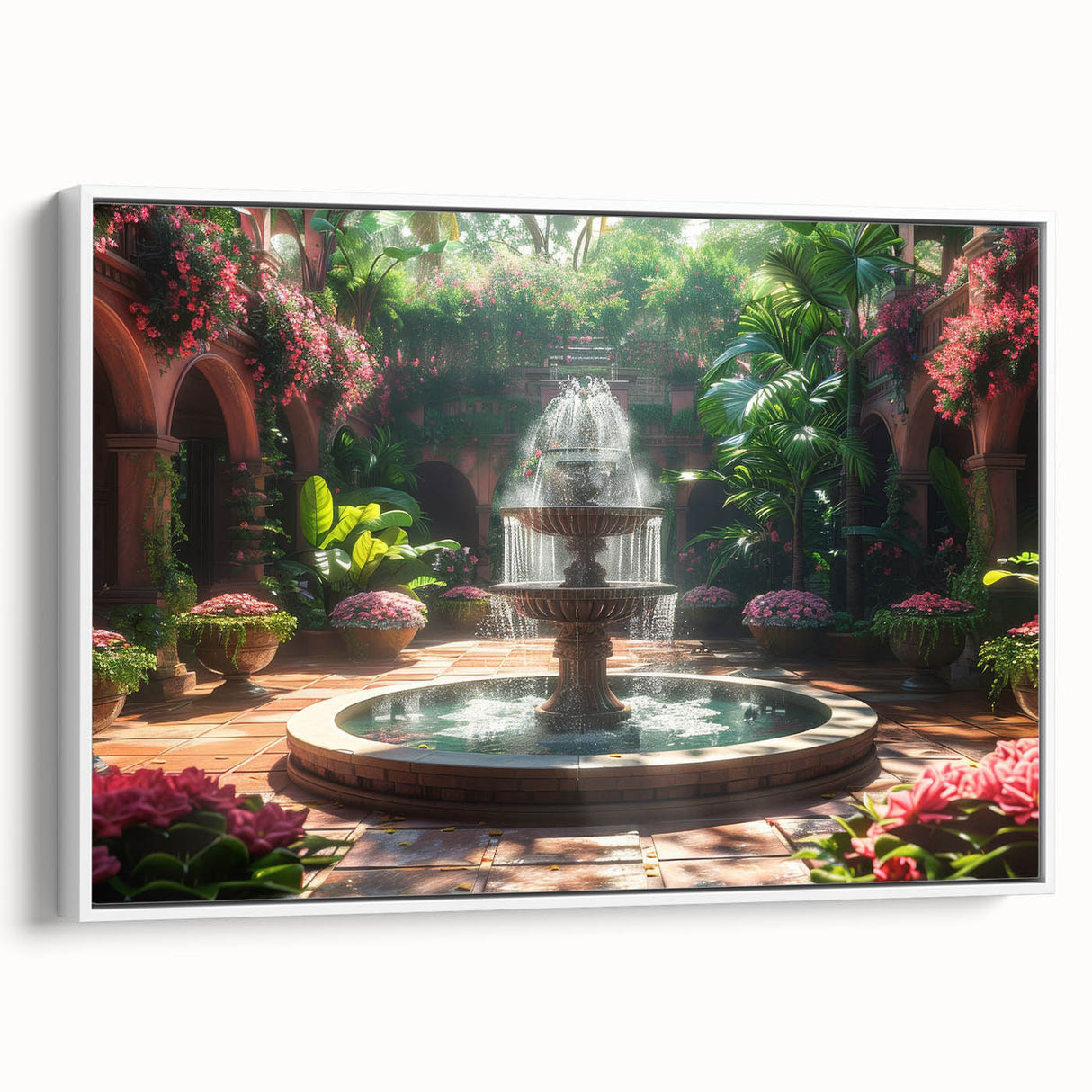 Vintage poster art of a classic fountain design on framed canvas, featuring a monochrome black palette.
