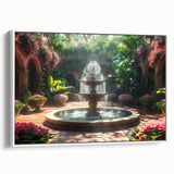 Vintage poster art of a classic fountain design on framed canvas, featuring a monochrome black palette.