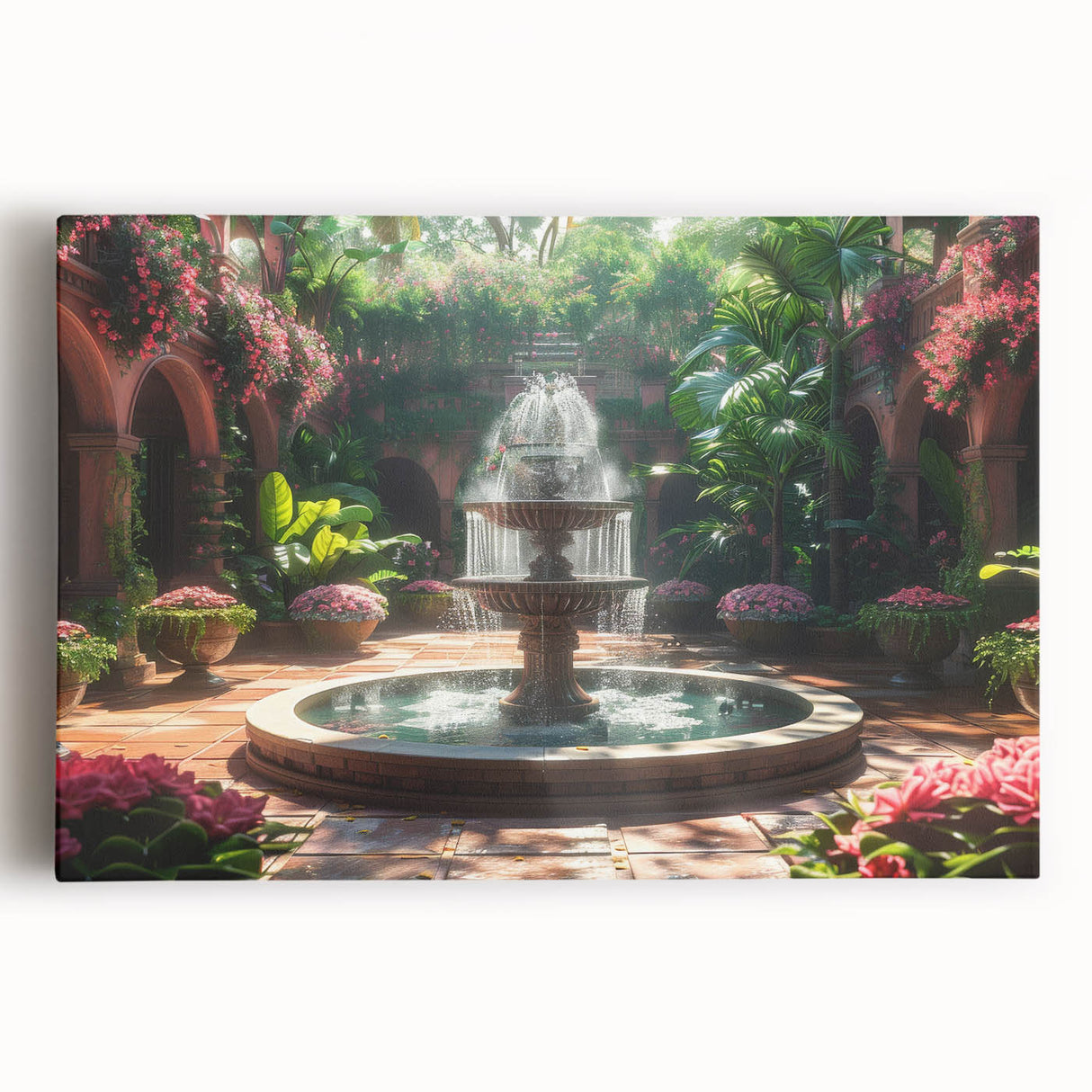 Black and white photo of an architectural fountain on stretched canvas, suitable for kitchen wall art.