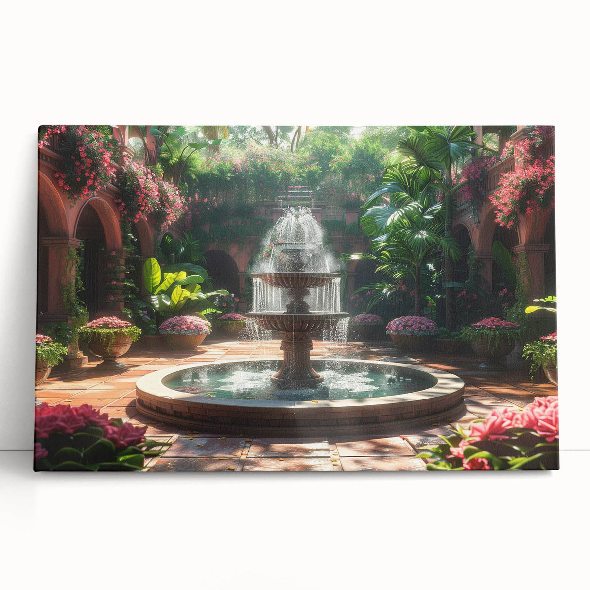 Black and white photo of a fountain in an architectural setting on stretched canvas, ideal for kitchen wall art or bedroom.