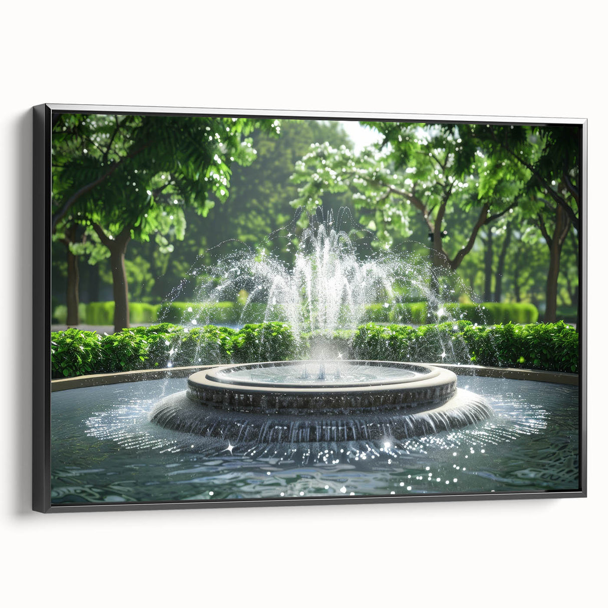 Black and white framed canvas of a vintage fountain design, ideal for bedroom wall decor.