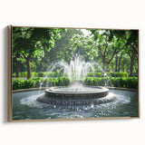 Vintage poster art of a fountain in a landscape, rendered in black and gold tones on a framed canvas.