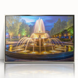 Mid-century modernist art featuring an architectural fountain design in silver hues on a framed acrylic print.