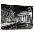 Acrylic glass print of a large abstract design featuring fluid shapes in blue and gray.