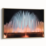 Framed canvas featuring a vintage poster art of a fountain and architecture in muted gold and black tones.