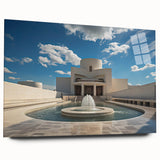 Large abstract wall art on acrylic glass, featuring fluid architectural designs in cool blue tones.