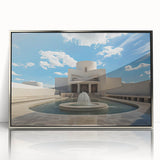 Mid-century modernist art featuring a silver-framed acrylic print of an architectural fountain design in muted grays.