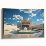 Framed canvas featuring a vintage landscape painting of a fountain in muted gold and black tones, ideal for bedroom wall art.