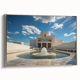 Framed canvas featuring a vintage landscape art painting of a fountain, in muted black and colorful tones.