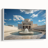 Vintage poster art of an architectural fountain design on framed canvas, featuring black and colorful art.