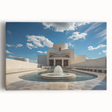 Black and white large art print of an architectural fountain design on stretched canvas, ideal for kitchen wall art.