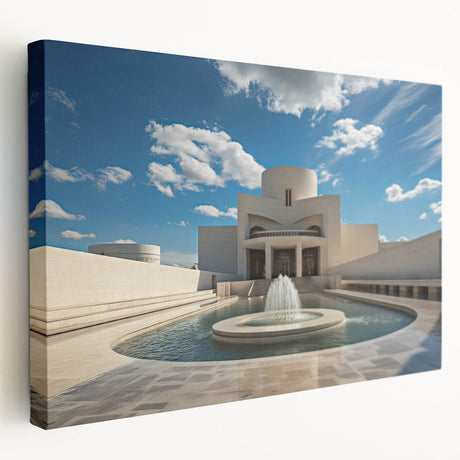 Side view of a stretched canvas featuring an architectural fountain design in muted gray and blue tones.