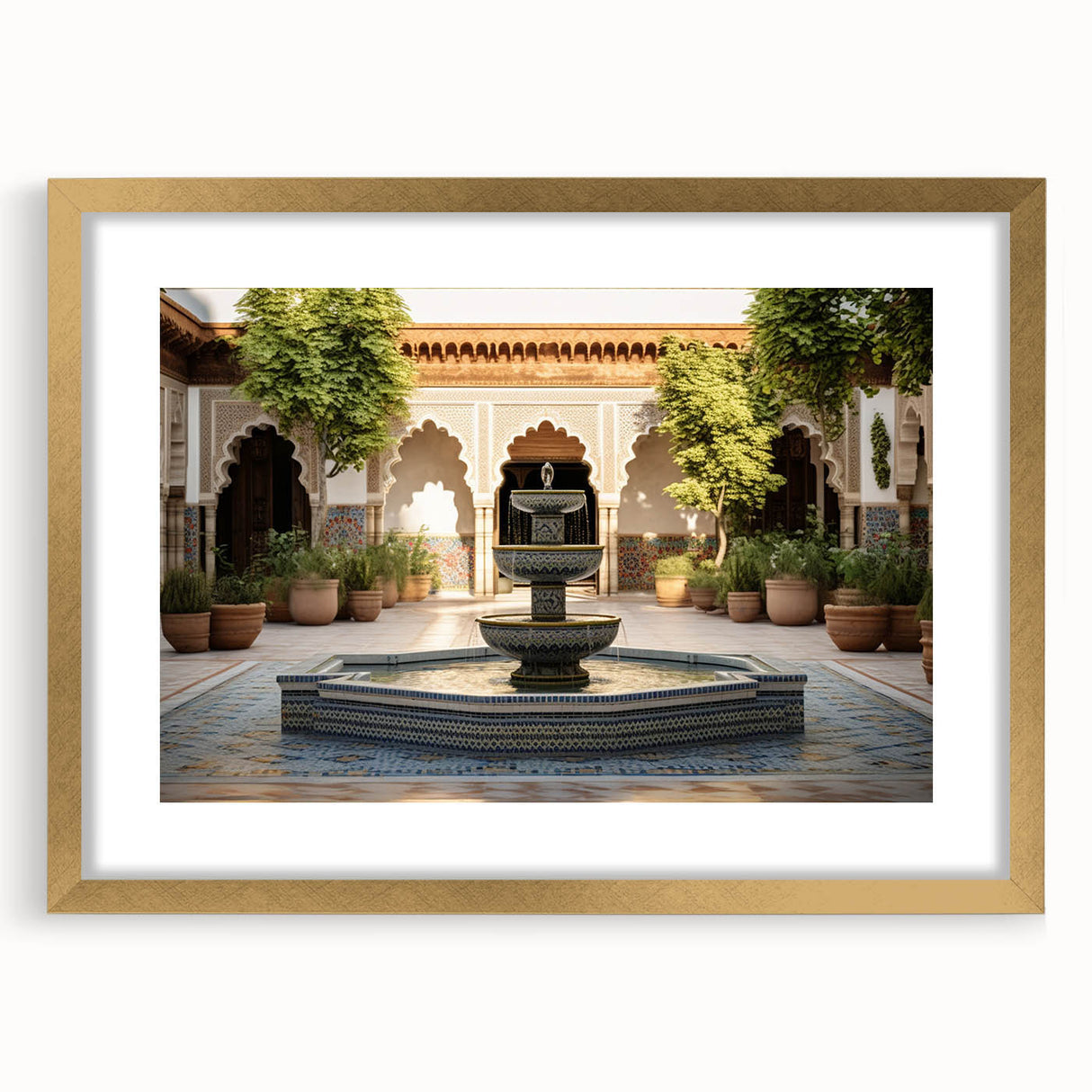 Abstract art print featuring textured layers in muted gold and cream tones, framed in gold, ideal for living room decor.