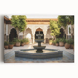 Black and white photo of a classical fountain on stretched canvas, ideal for kitchen wall art.