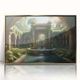 Mid-century modernist fountain design in gold and teal tones on a large framed acrylic print.
