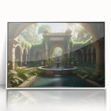 Art deco poster featuring a symmetrical fountain design in black and white, framed in acrylic.