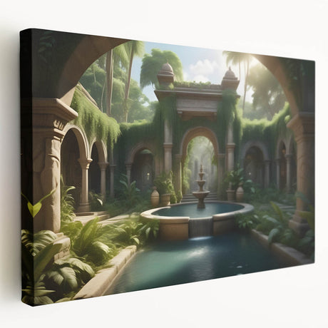Side view of a large stretched canvas featuring an architectural fountain design in muted earth tones.
