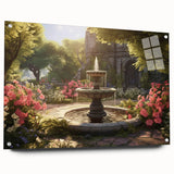 Large abstract wall art on acrylic glass depicting an architectural fountain design in muted gray tones.