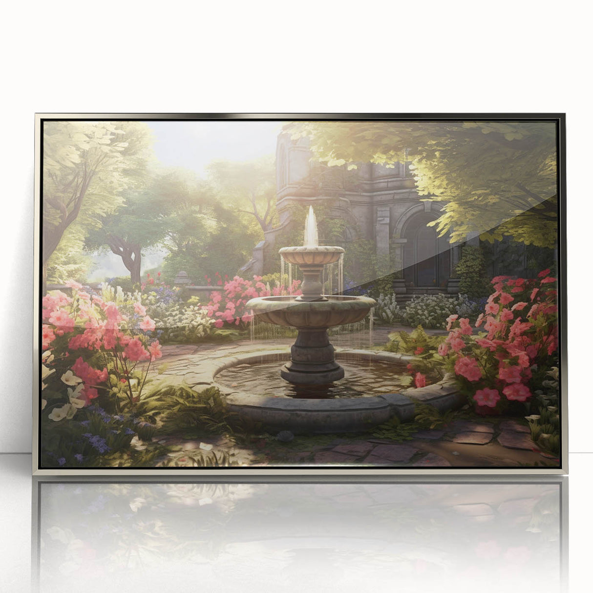 Mid-century modernist art depicting a silver-framed acrylic fountain design in muted grays, ideal for nursery wall art.
