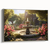 Framed canvas featuring a vintage landscape art painting with a silver fountain design.