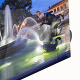 Large abstract wall art on acrylic glass showcasing a mid-century modernist fountain design in muted blue and gray tones.