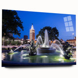 Large abstract wall art on acrylic glass depicting a modern fountain design in cool blue and gray tones.