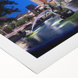 Art deco poster of a geometric fountain design in monochrome, printed on rolled canvas, suitable for dining room walls.