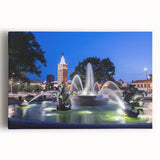Black and white photograph of a fountain's intricate architecture on a large stretched canvas, ideal for kitchen wall art.