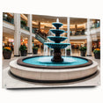 Acrylic print of a large abstract wall art featuring architectural and fountain elements in cool blue and gray tones.