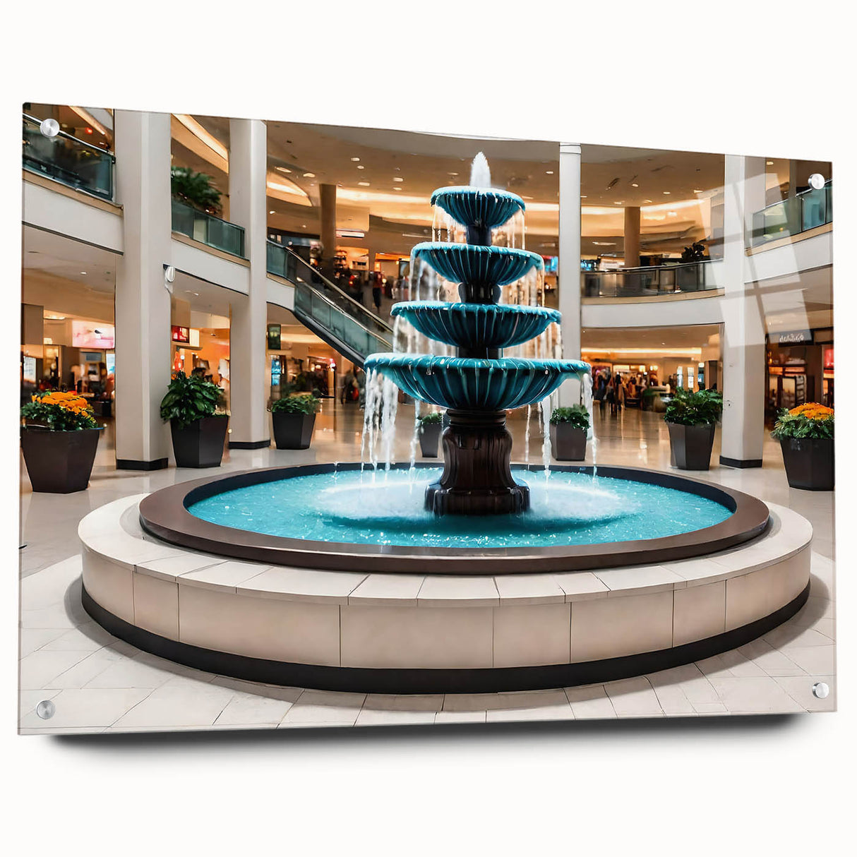 Acrylic print of a large abstract wall art featuring architectural and fountain elements in cool blue and gray tones.