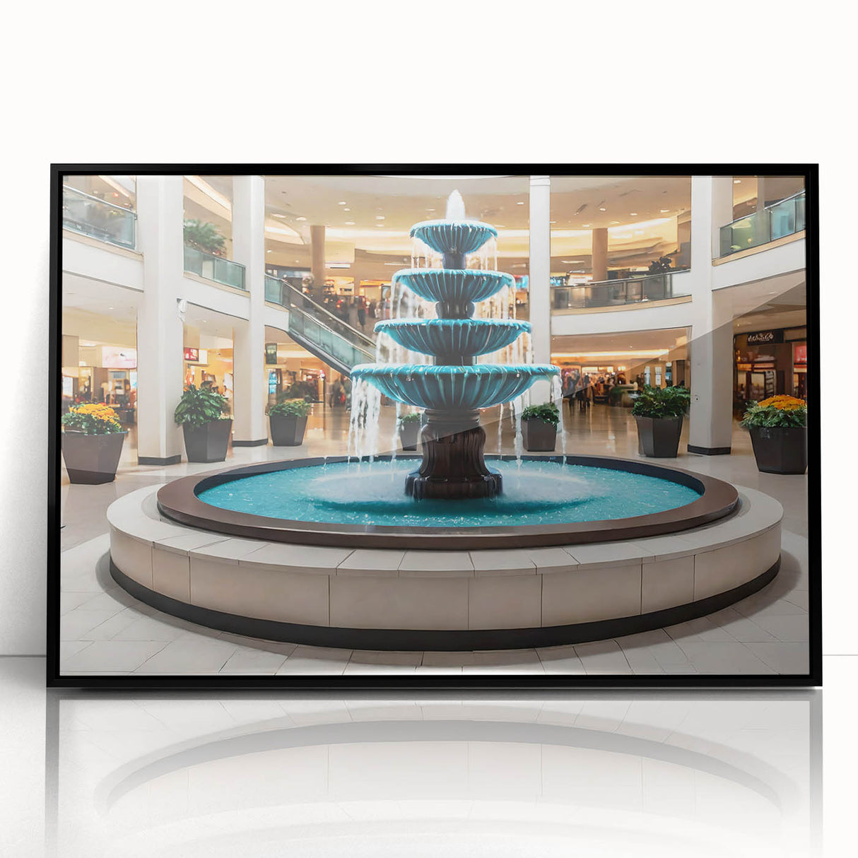 Large abstract wall art featuring a fountain design in muted gray tones on a framed acrylic.