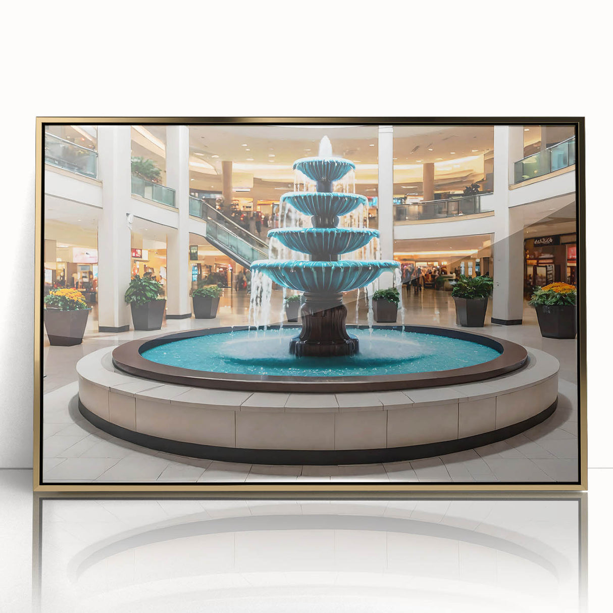 Mid-century modernist acrylic print of an architectural fountain design in gold tones, framed.