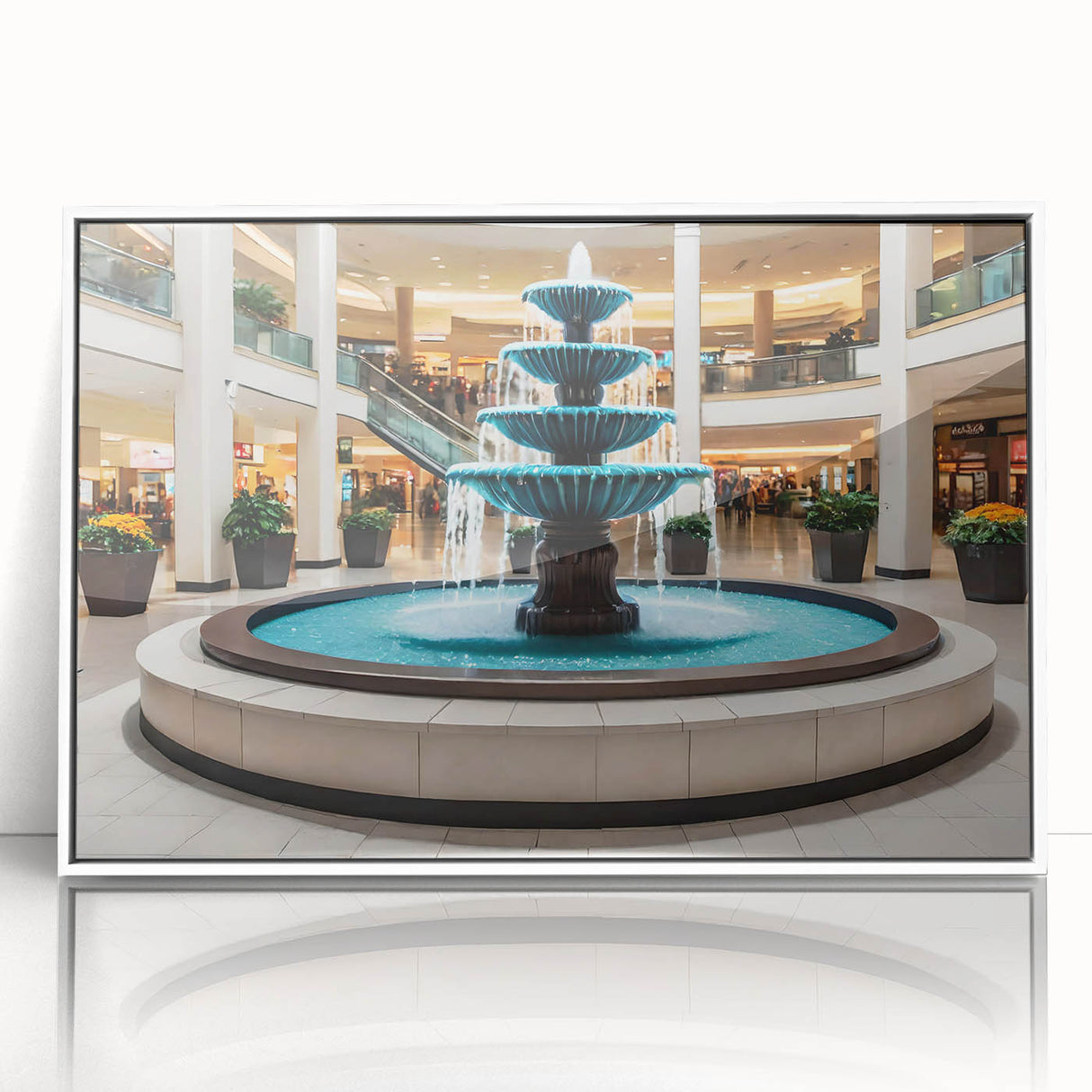 Framed acrylic print of an art deco fountain design in monochrome shades, ideal for modern art wall decor in a nursery.