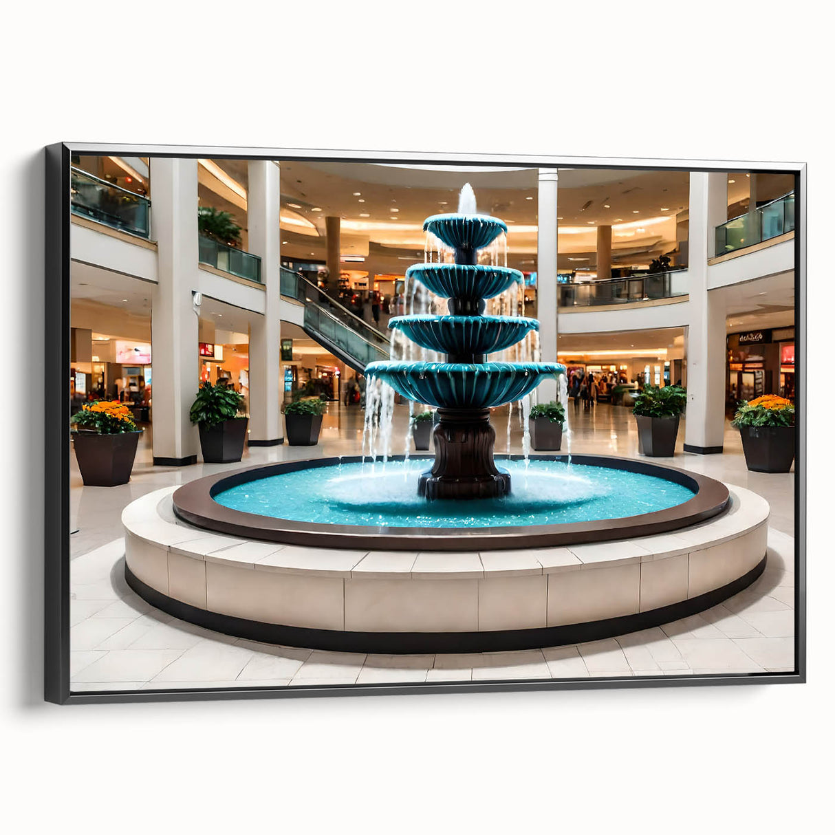 Black and white framed canvas featuring a vintage poster art style landscape with a fountain, ideal for bedroom wall decor.