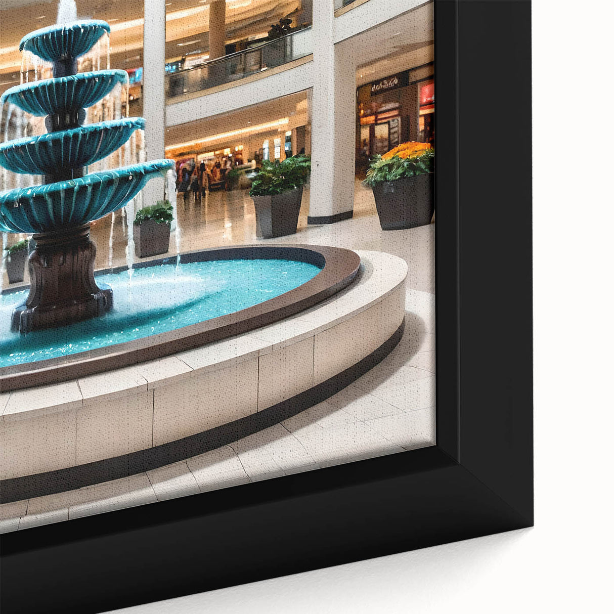 Framed canvas featuring a close-up of a black textured fountain design with colorful art accents.