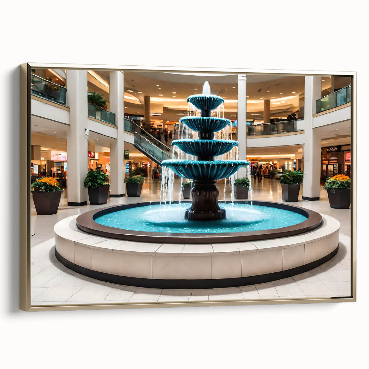 Vintage poster art of an architectural fountain design on framed canvas, in gold and black, ideal for bedroom wall decor.