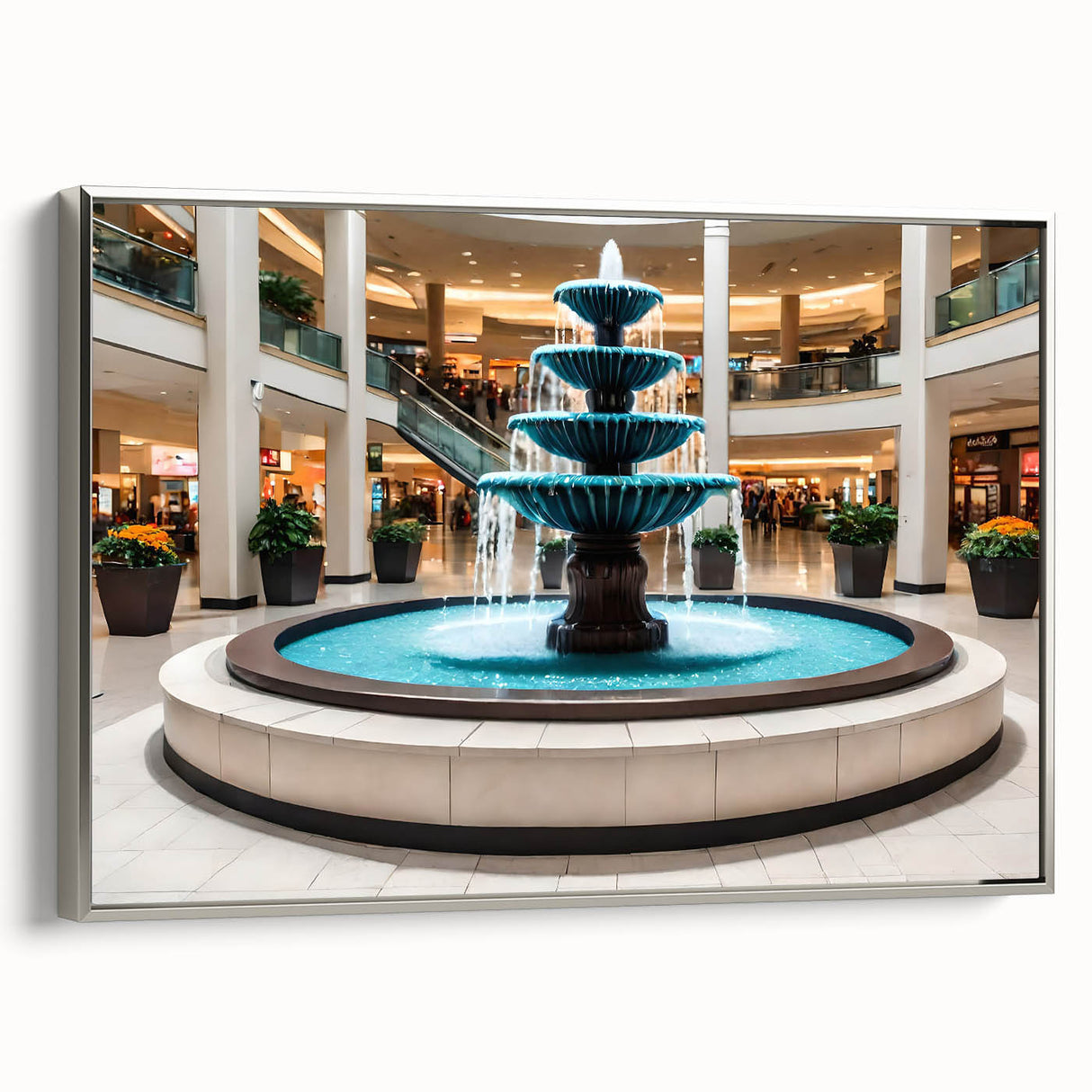 Framed canvas landscape art painting featuring a vintage fountain design in muted colors.