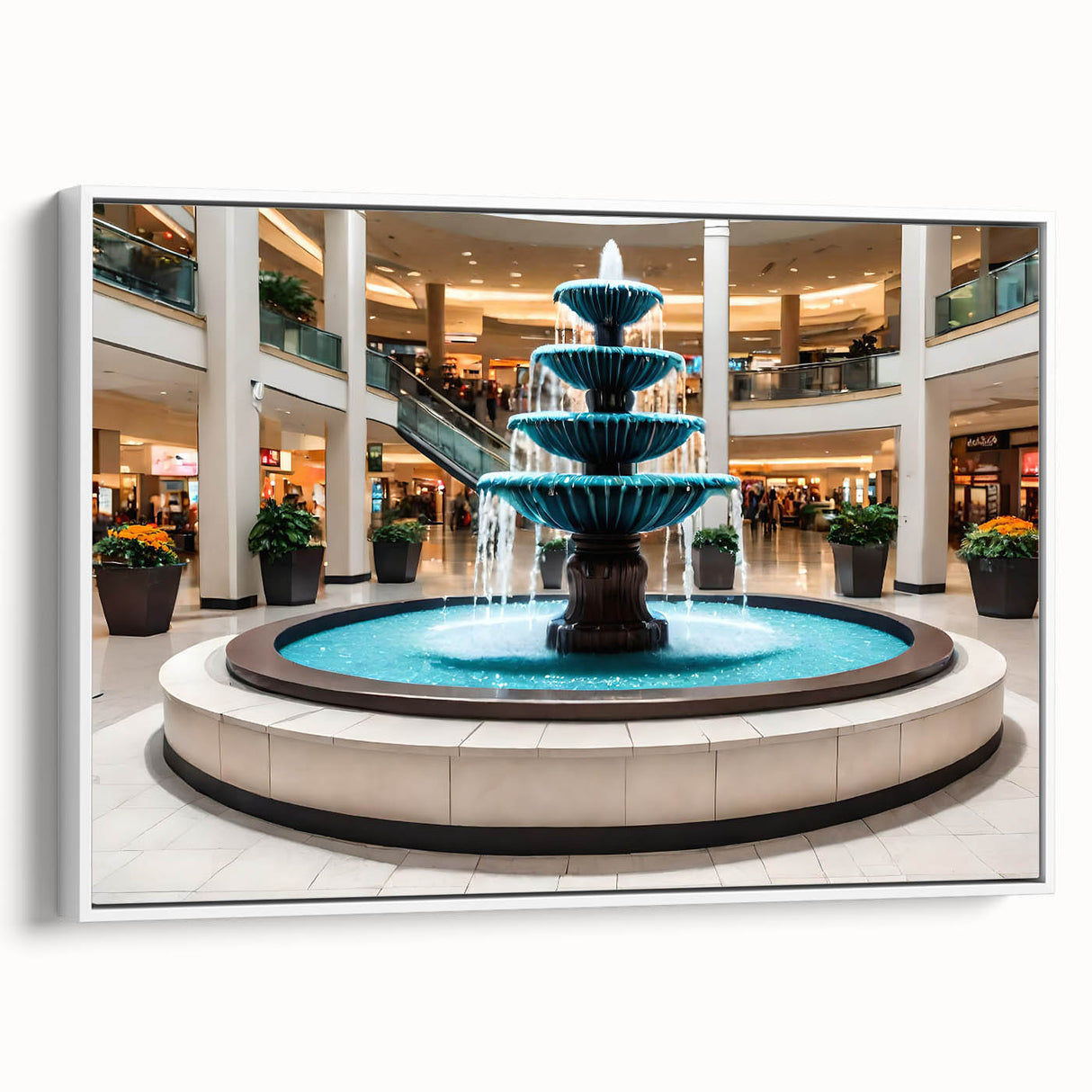 Vintage poster art of an architectural fountain design in colorful hues on a large framed canvas.