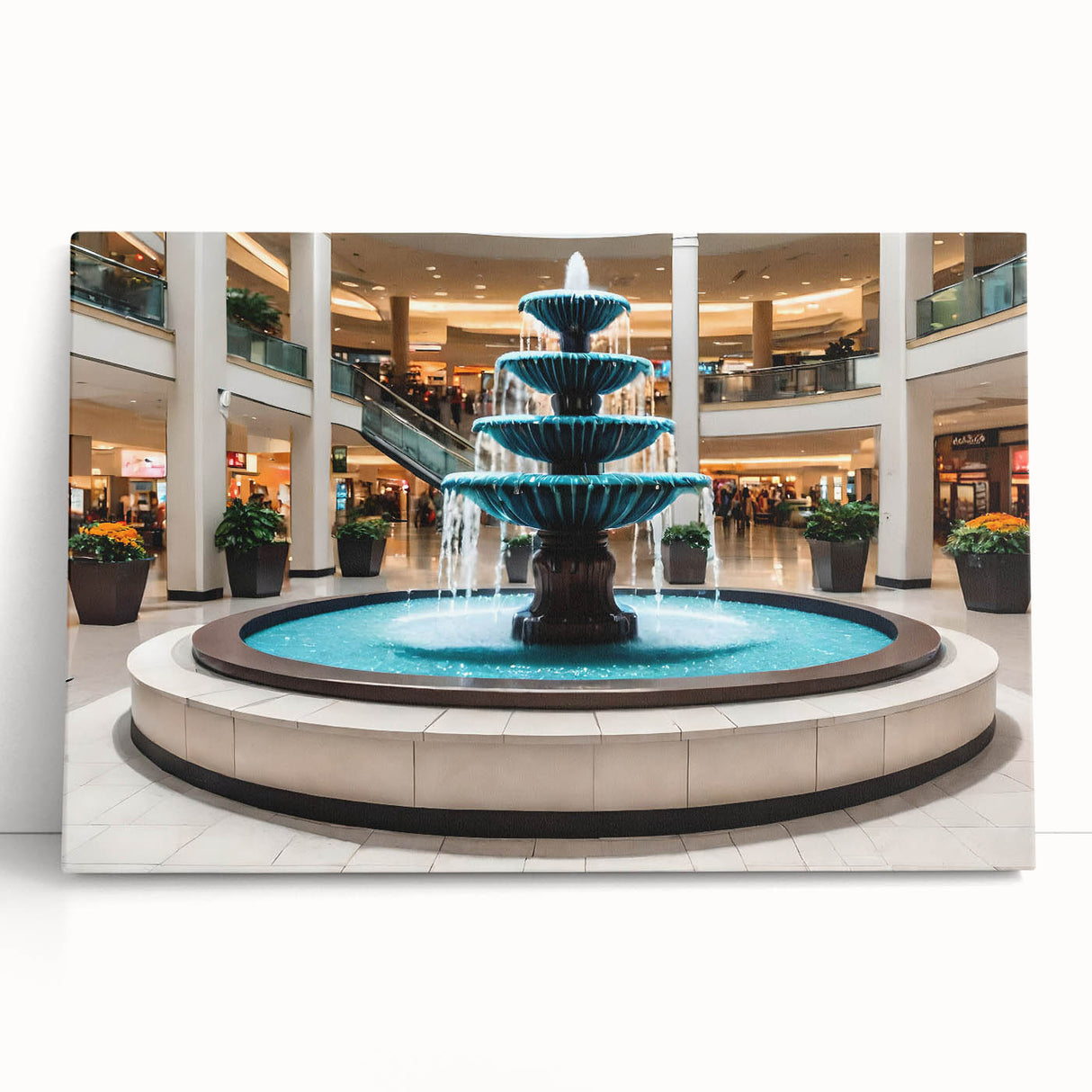 Black and white photo of an architectural fountain on stretched canvas, ideal for kitchen or bedroom wall art.