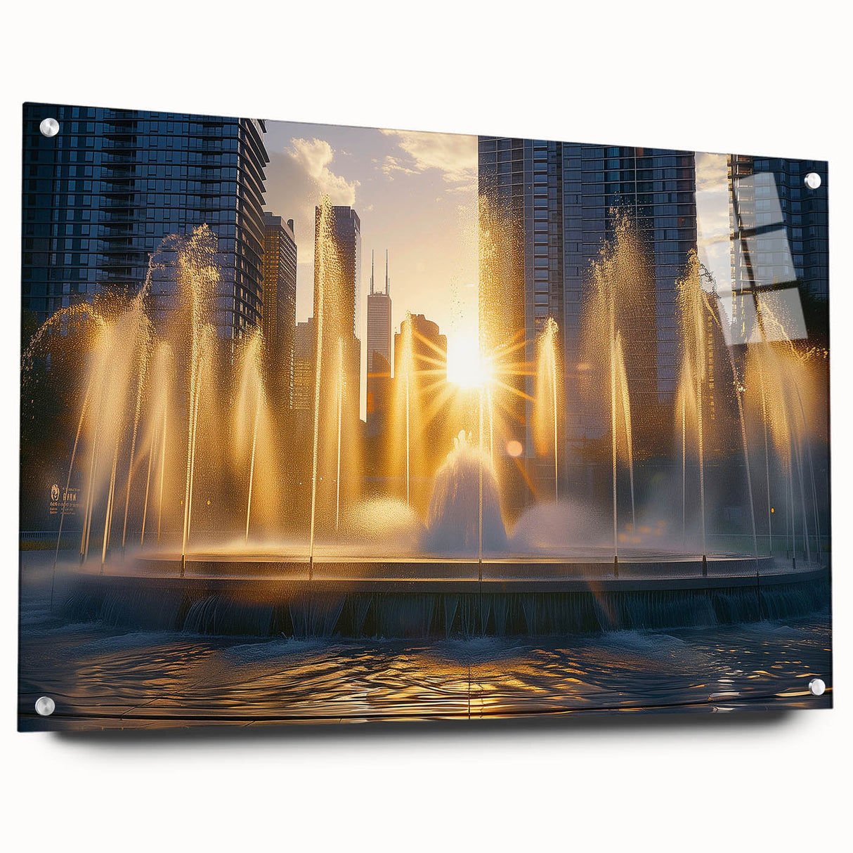 Large abstract wall art on acrylic glass featuring an architectural fountain design in neutral tones.