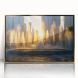 Mid-century modernist acrylic print of an architectural fountain design in gold tones, ideal for modern art wall decor.