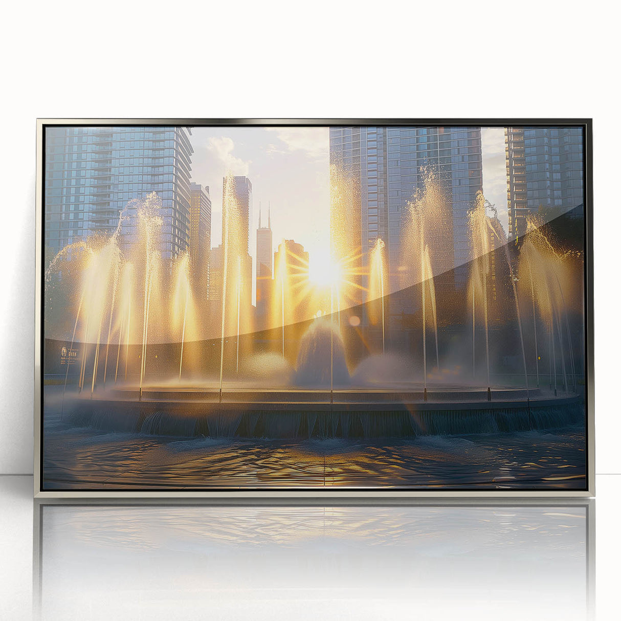 Mid-century modernist art featuring an architectural fountain design in muted gray and silver tones, framed acrylic.