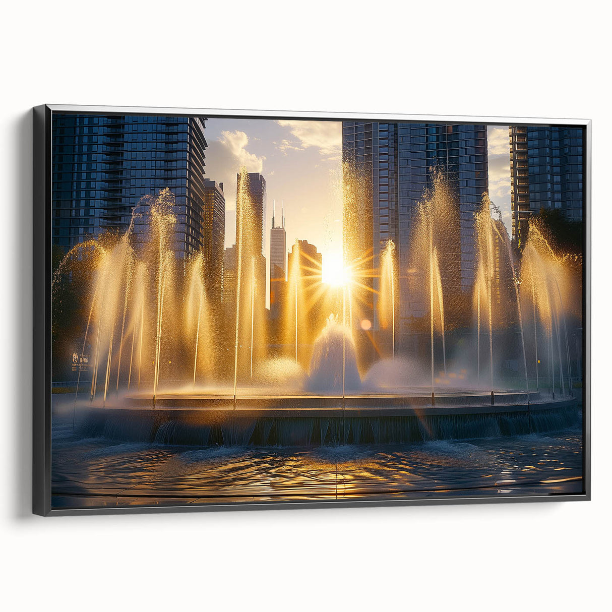 Black and white framed canvas featuring a vintage-style landscape with a fountain, ideal for bedroom wall art.