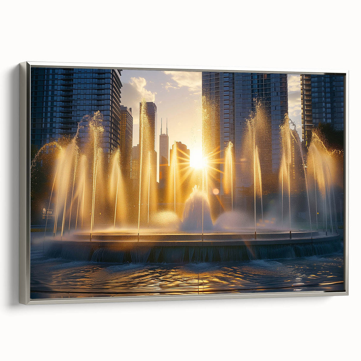 Framed canvas landscape art painting featuring a monochrome vintage fountain design.
