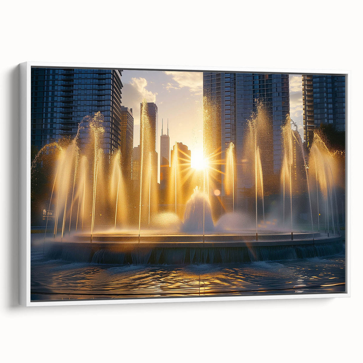 Vintage poster art of an architectural fountain design on a framed canvas, featuring a black and colorful palette.