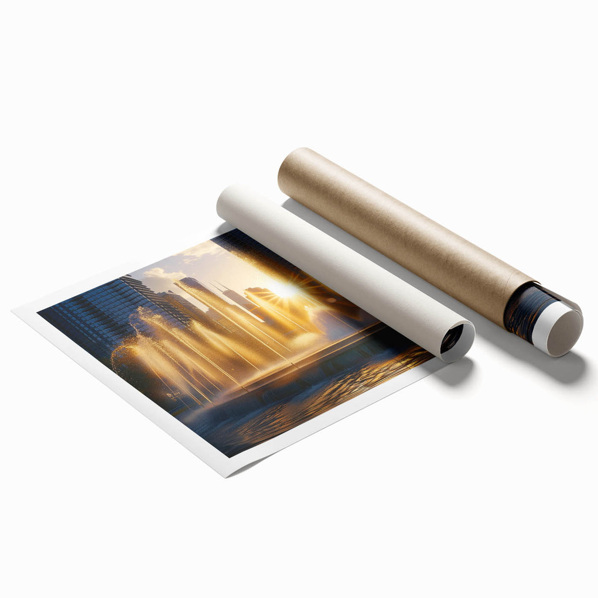 Extra large rolled print of an architectural fountain design, featuring muted earth tones.