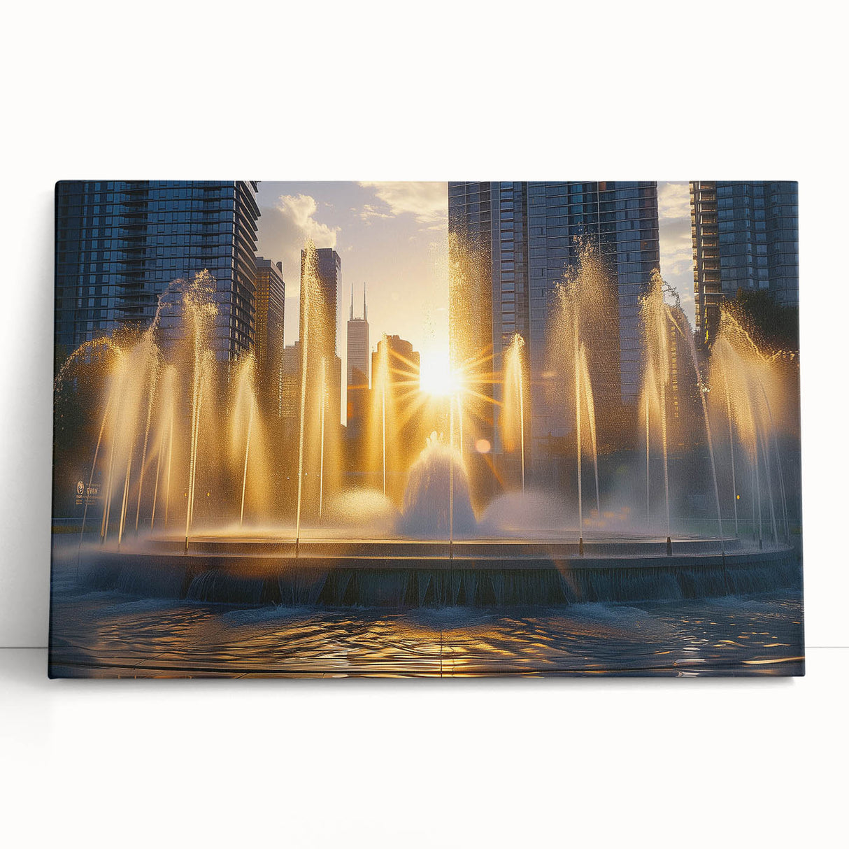Black and white photo of an architectural fountain on stretched canvas.