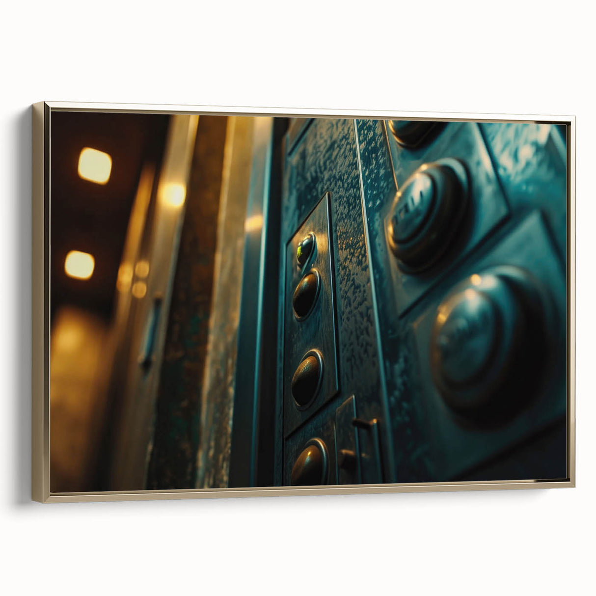 Framed canvas featuring a vintage landscape painting with vibrant colors on a black background, ideal for office decor.